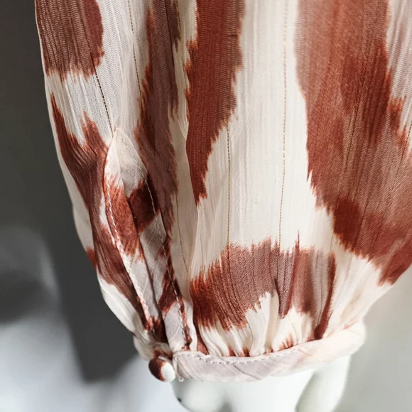 Sheer Women's Ruffle-Neck Button Front Blouse - Cream & Rust - Picture 6 of 9